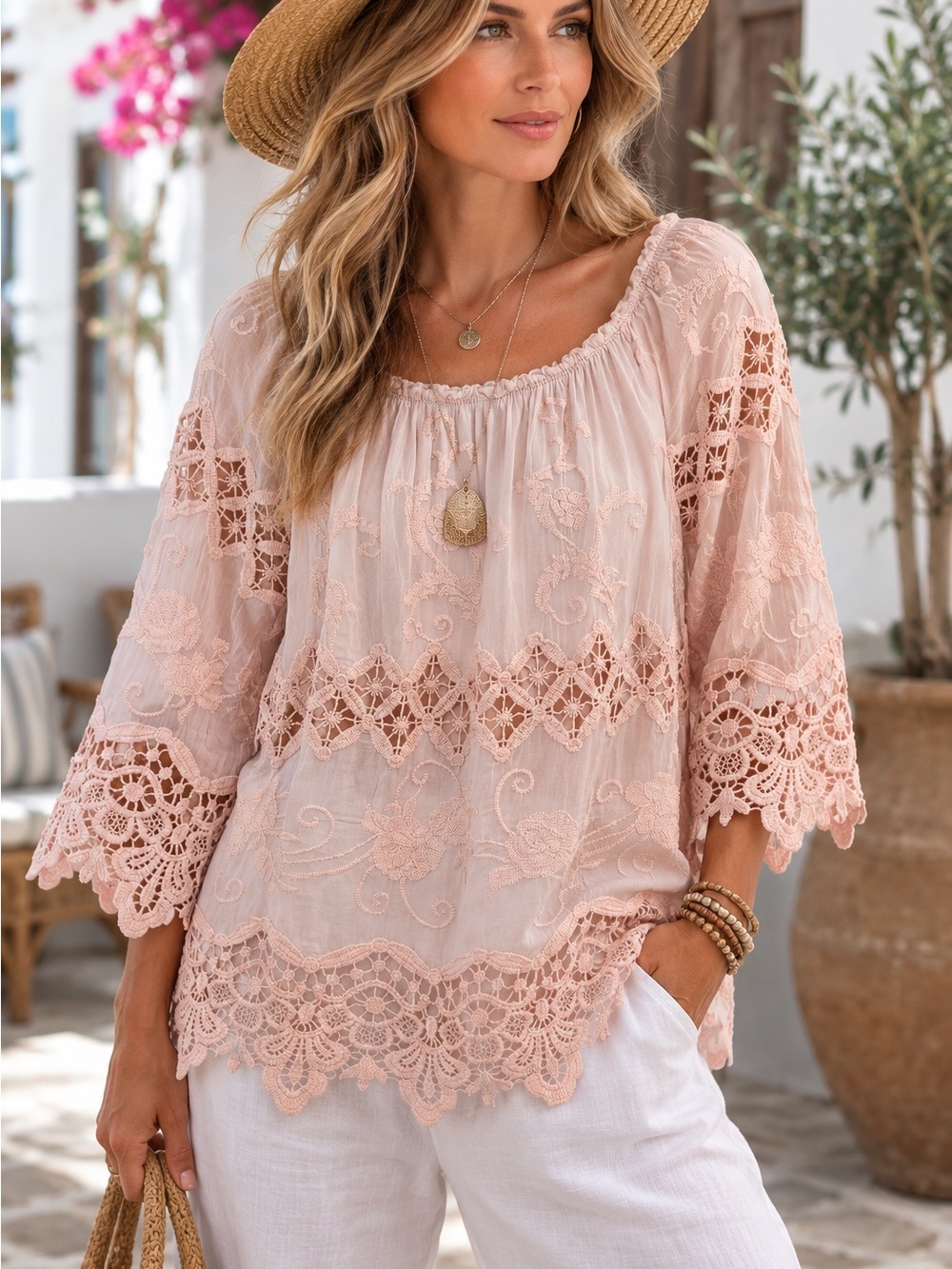 Made in Italy Silk Blend Embroidered Lace Boho Peasant Blouse Pink L